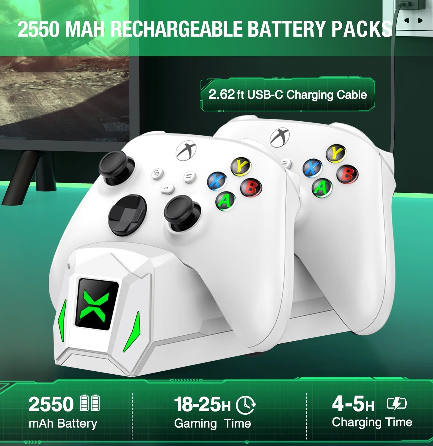 Xbox Controller Charger Station with 2 X5520Mwh Rechargeable Battery Pack for Xbox Series X|S, Xbox One, One S, One X & Elite Controllers - thewrightstore