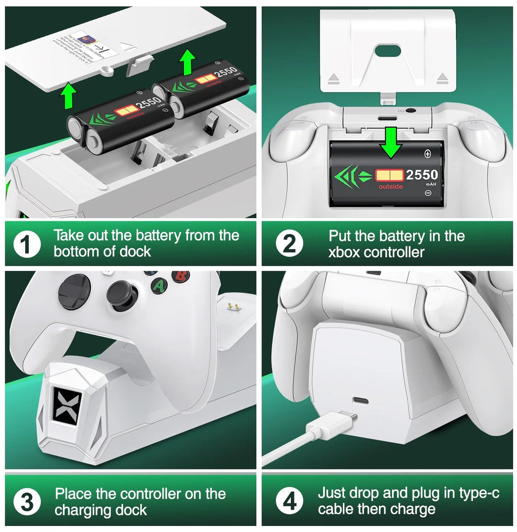 Xbox Controller Charger Station with 2 X5520Mwh Rechargeable Battery Pack for Xbox Series X|S, Xbox One, One S, One X & Elite Controllers - thewrightstore