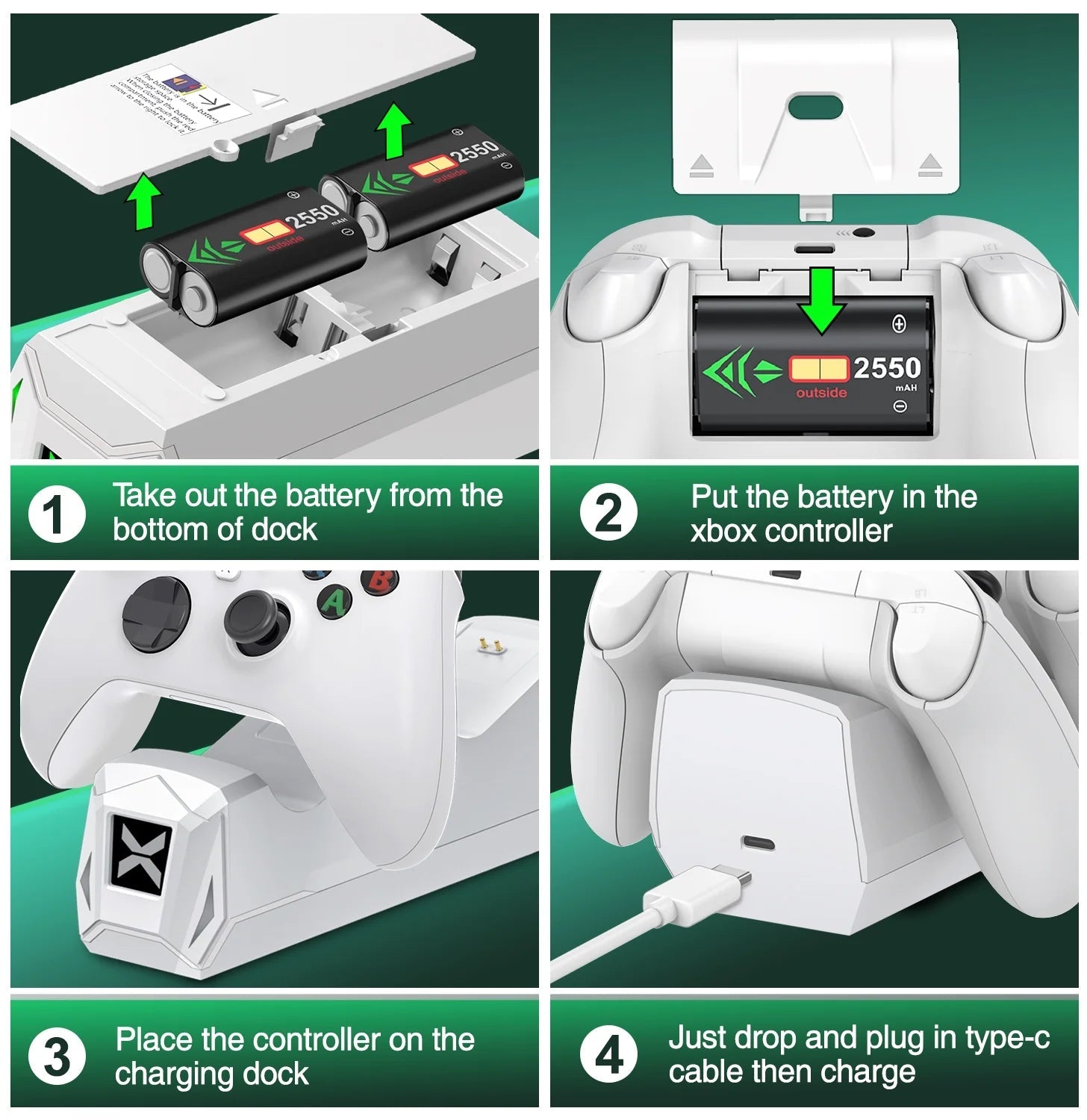 Xbox Controller Charger Station with 2 X5520Mwh Rechargeable Battery Pack for Xbox Series X|S, Xbox One, One S, One X & Elite Controllers - thewrightstore