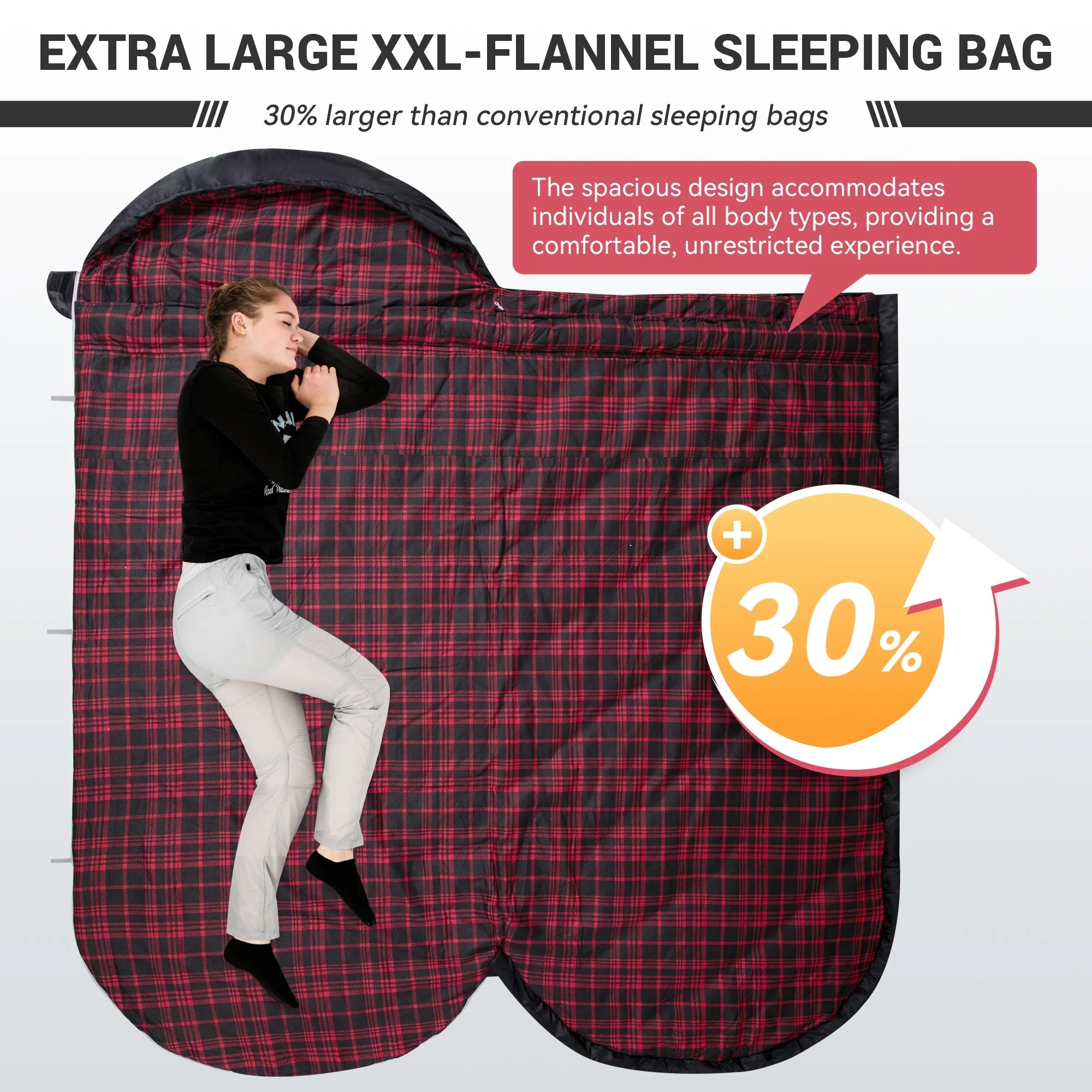 XL Cotton Flannel Sleeping Bags, Oversized Weatherproof 3 - Season Sleep Bag with Hood for Camping & Hiking & Backpacking, 17.6℉ - 54℉ (Black) - thewrightstore