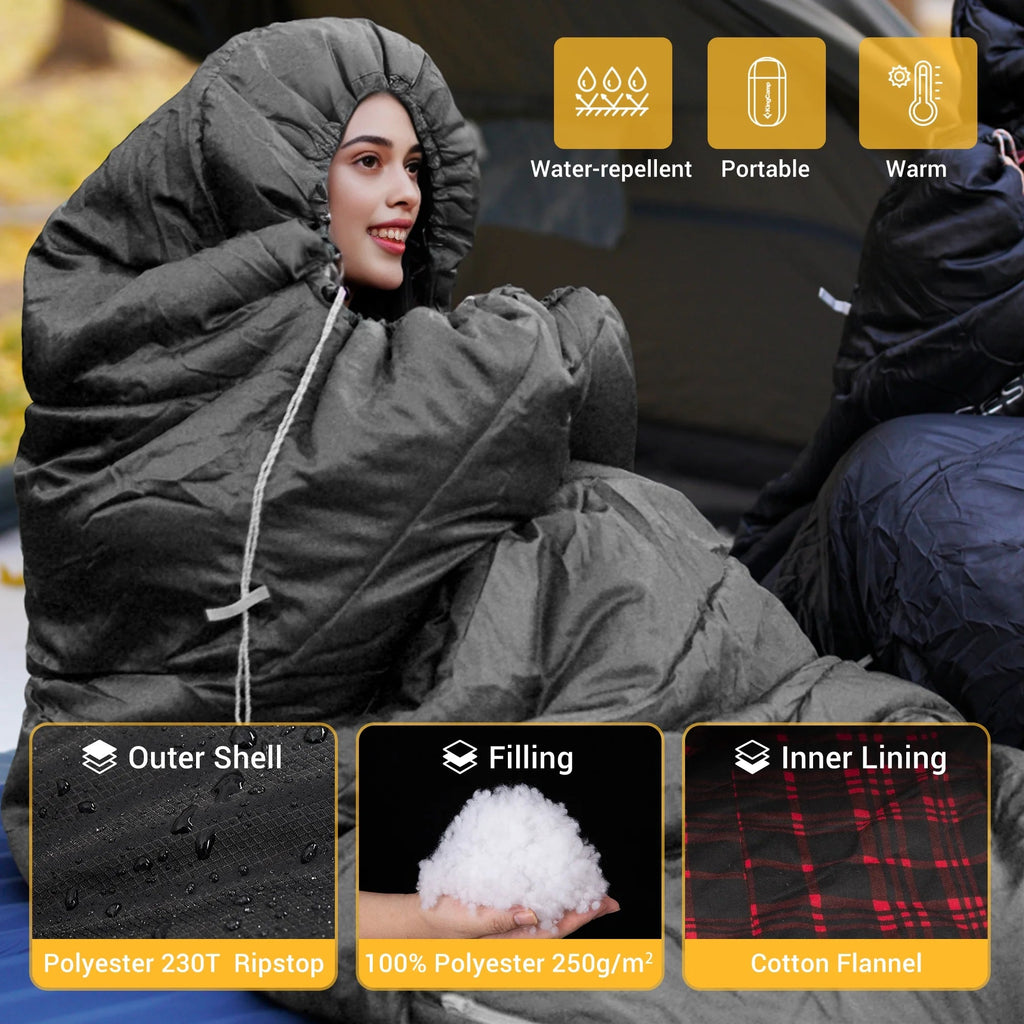 XL Cotton Flannel Sleeping Bags, Oversized Weatherproof 3 - Season Sleep Bag with Hood for Camping & Hiking & Backpacking, 17.6℉ - 54℉ (Black) - thewrightstore