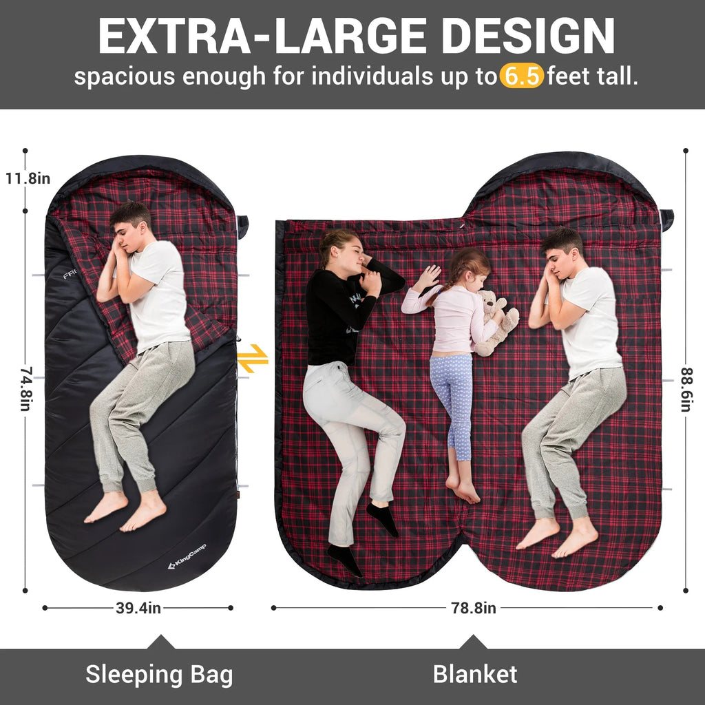 XL Cotton Flannel Sleeping Bags, Oversized Weatherproof 3 - Season Sleep Bag with Hood for Camping & Hiking & Backpacking, 17.6℉ - 54℉ (Black) - thewrightstore
