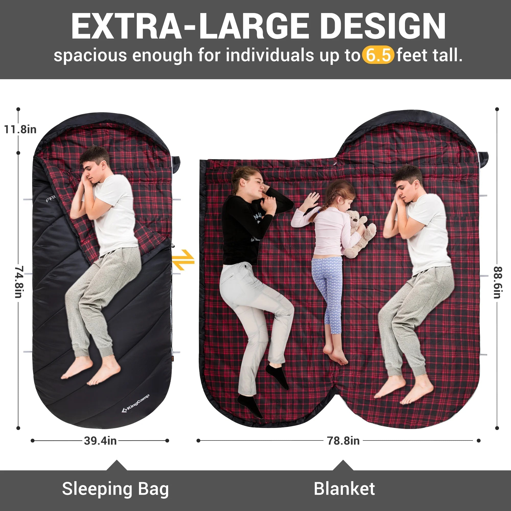 XL Cotton Flannel Sleeping Bags, Oversized Weatherproof 3 - Season Sleep Bag with Hood for Camping & Hiking & Backpacking, 17.6℉ - 54℉ (Black) - thewrightstore