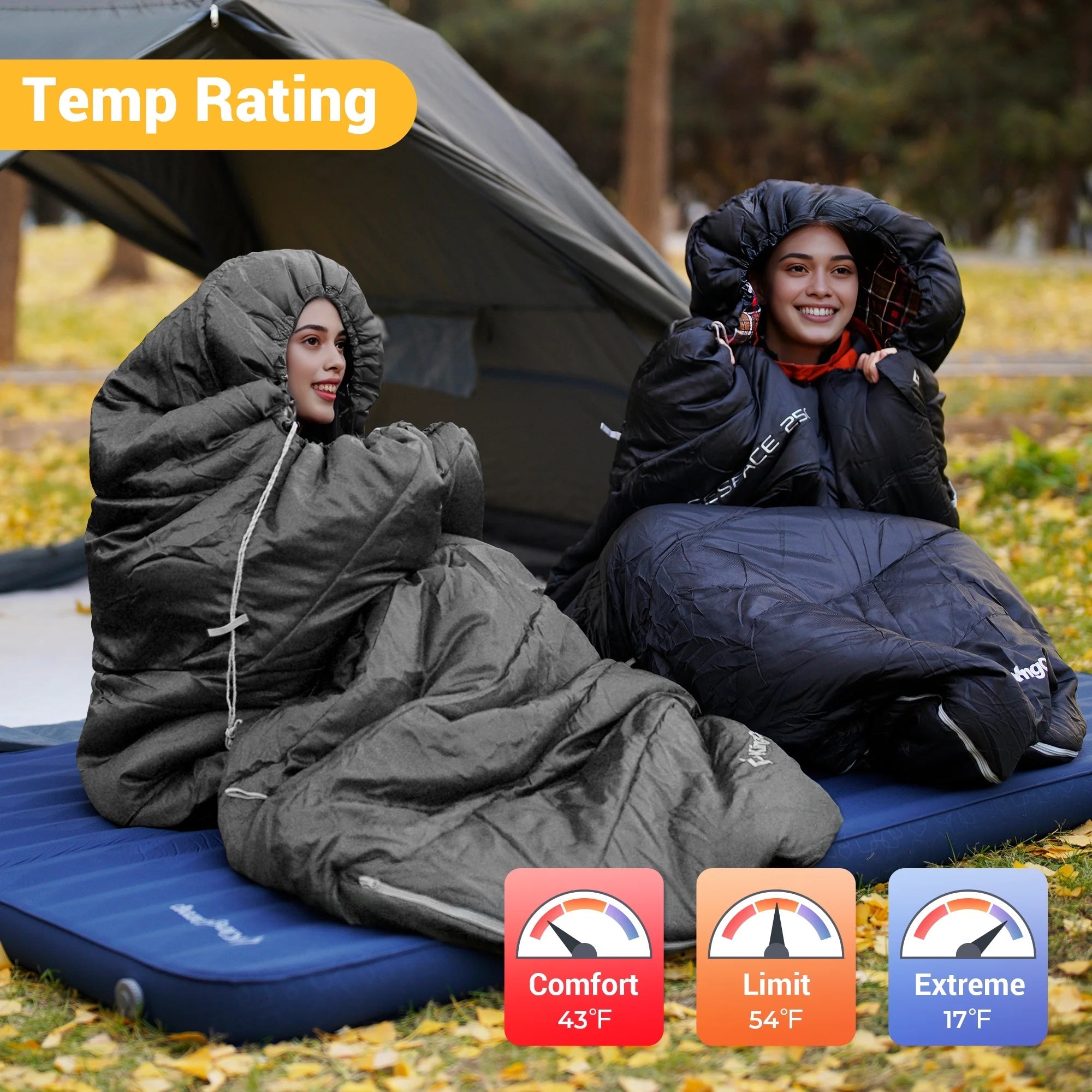 XL Cotton Flannel Sleeping Bags, Oversized Weatherproof 3 - Season Sleep Bag with Hood for Camping & Hiking & Backpacking, 17.6℉ - 54℉ (Black) - thewrightstore