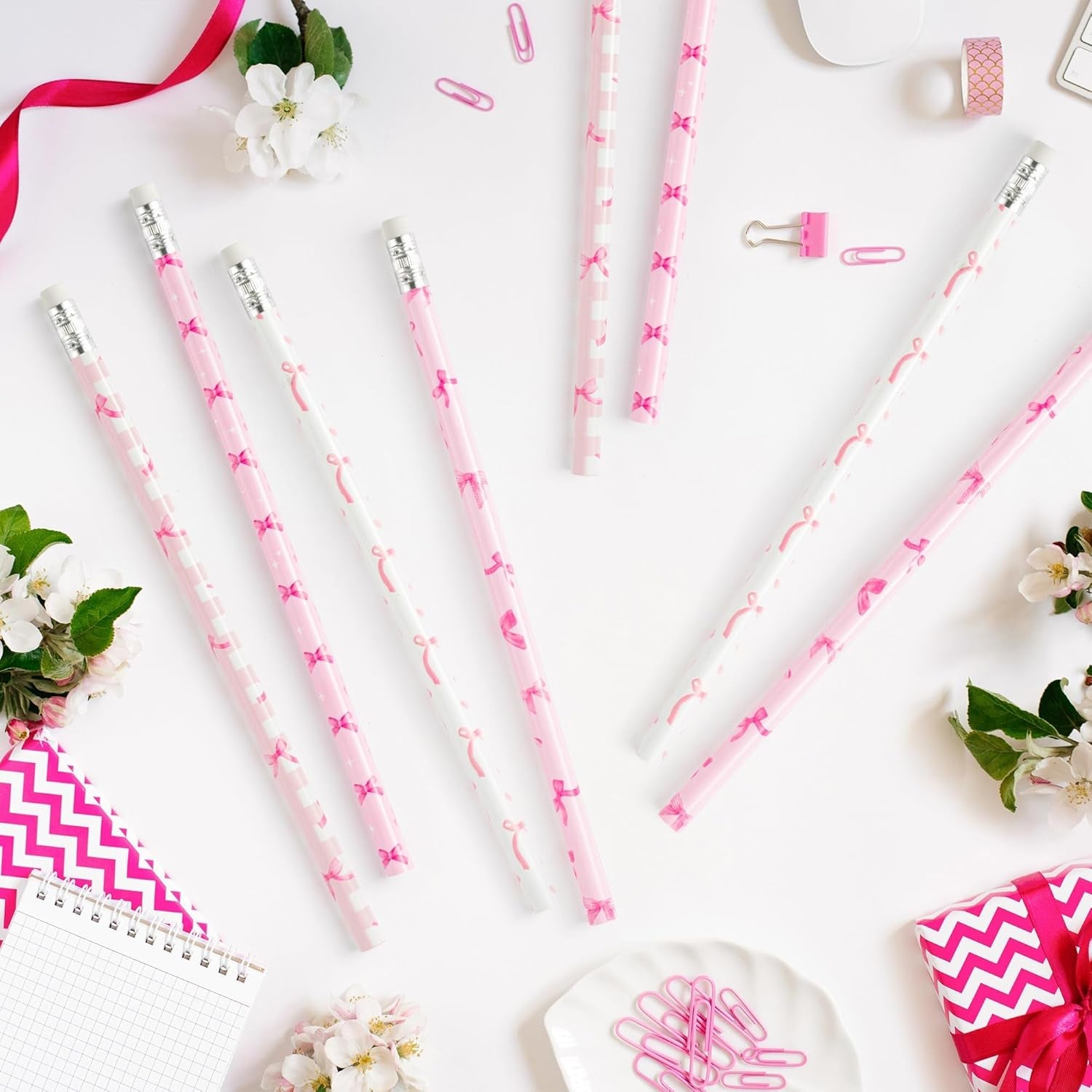 Xqumoi 60-Pack Coquette Pink Bow Pencils with Erasers - Preppy 2 HB Pencils for Back to School, Classroom Rewards, Office Supplies, Party Favors, and Goodie Bag Fillers - thewrightstore