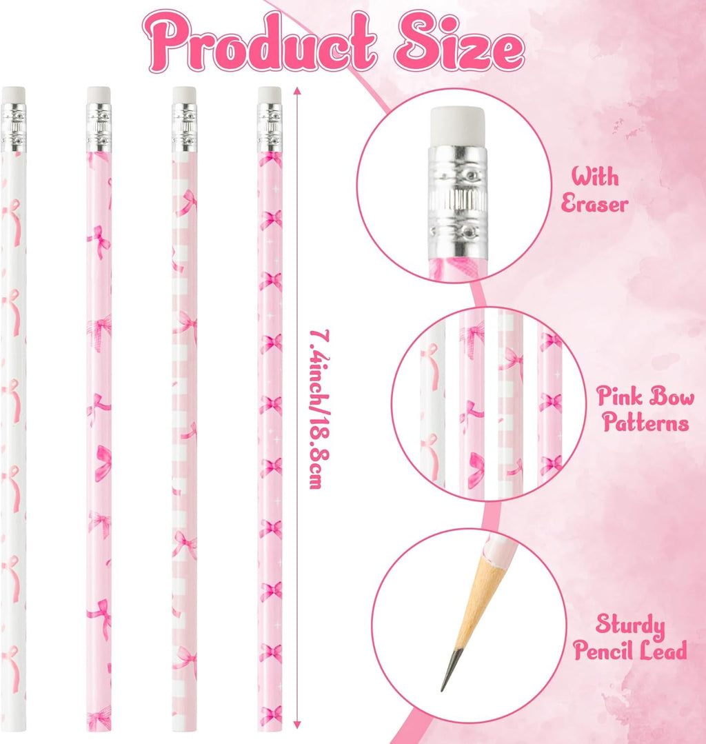 Xqumoi 60-Pack Coquette Pink Bow Pencils with Erasers - Preppy 2 HB Pencils for Back to School, Classroom Rewards, Office Supplies, Party Favors, and Goodie Bag Fillers - thewrightstore