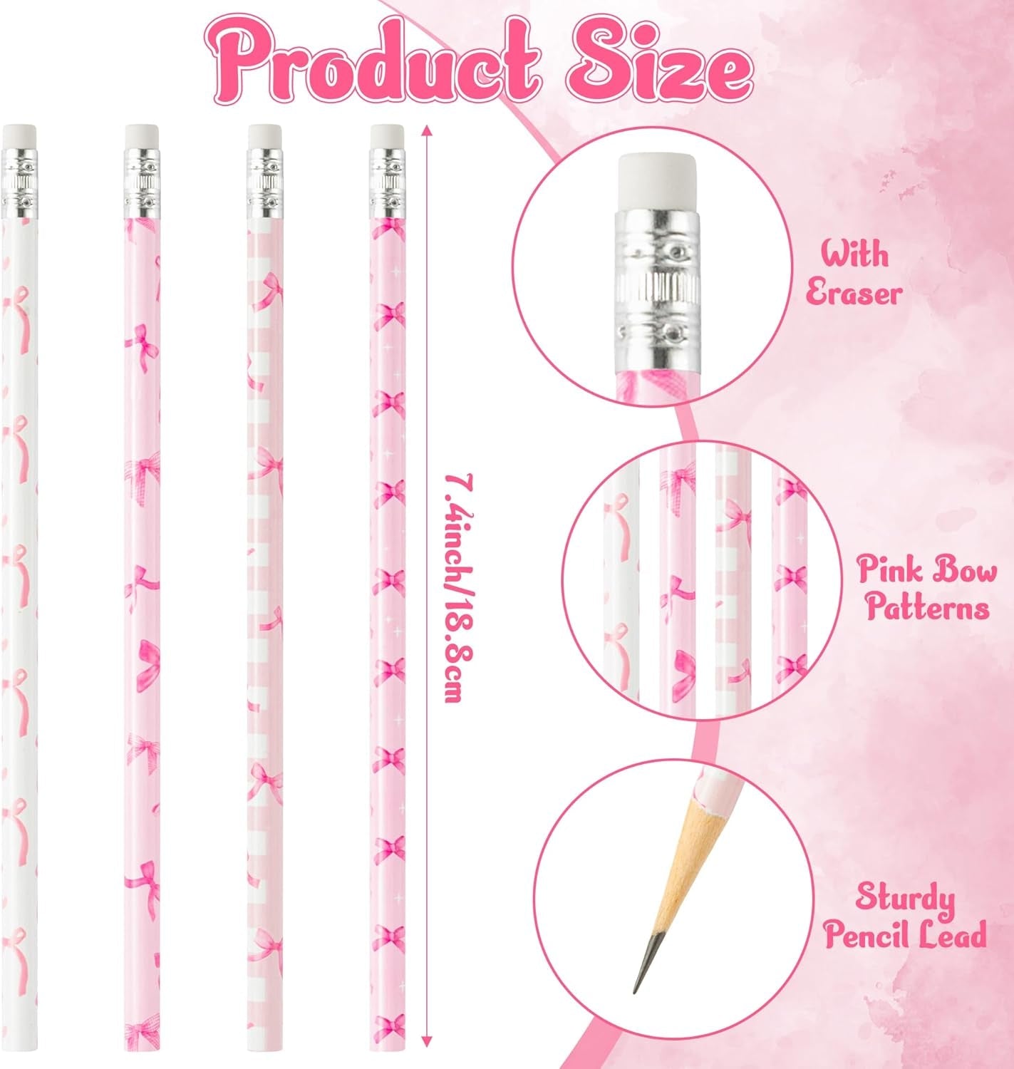 Xqumoi 60-Pack Coquette Pink Bow Pencils with Erasers - Preppy 2 HB Pencils for Back to School, Classroom Rewards, Office Supplies, Party Favors, and Goodie Bag Fillers - thewrightstore