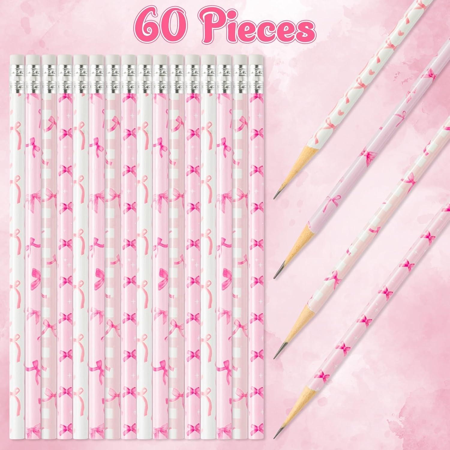 Xqumoi 60-Pack Coquette Pink Bow Pencils with Erasers - Preppy 2 HB Pencils for Back to School, Classroom Rewards, Office Supplies, Party Favors, and Goodie Bag Fillers - thewrightstore