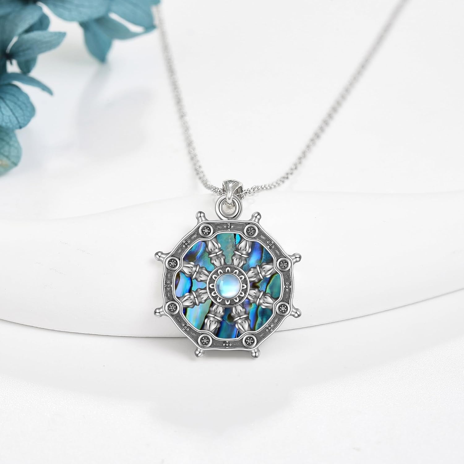 YAFEINI Buddhist Amulet Necklace with Dharma Wheel of Life and Moonstone Pendant - Elegant Talisman Jewelry for Women - thewrightstore