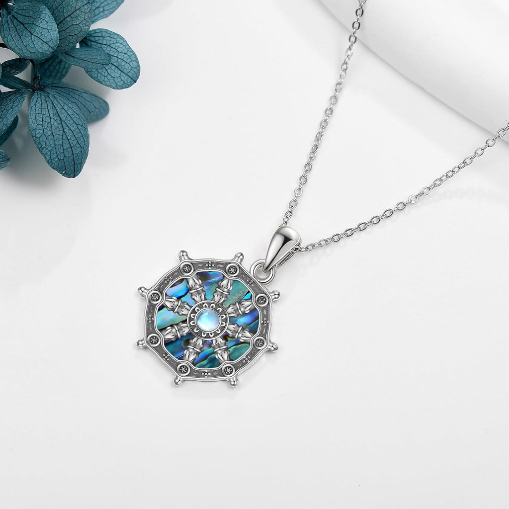 YAFEINI Buddhist Amulet Necklace with Dharma Wheel of Life and Moonstone Pendant - Elegant Talisman Jewelry for Women - thewrightstore
