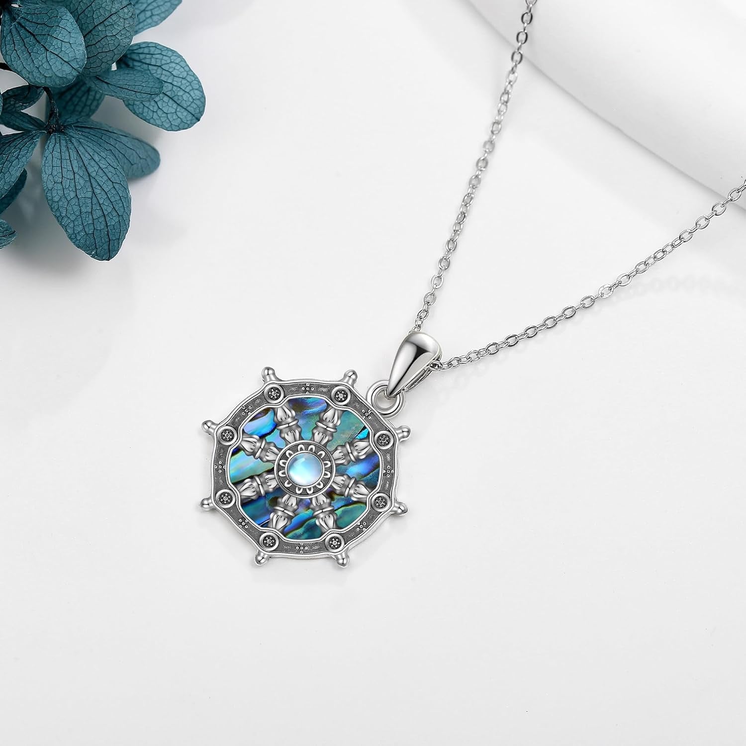 YAFEINI Buddhist Amulet Necklace with Dharma Wheel of Life and Moonstone Pendant - Elegant Talisman Jewelry for Women - thewrightstore