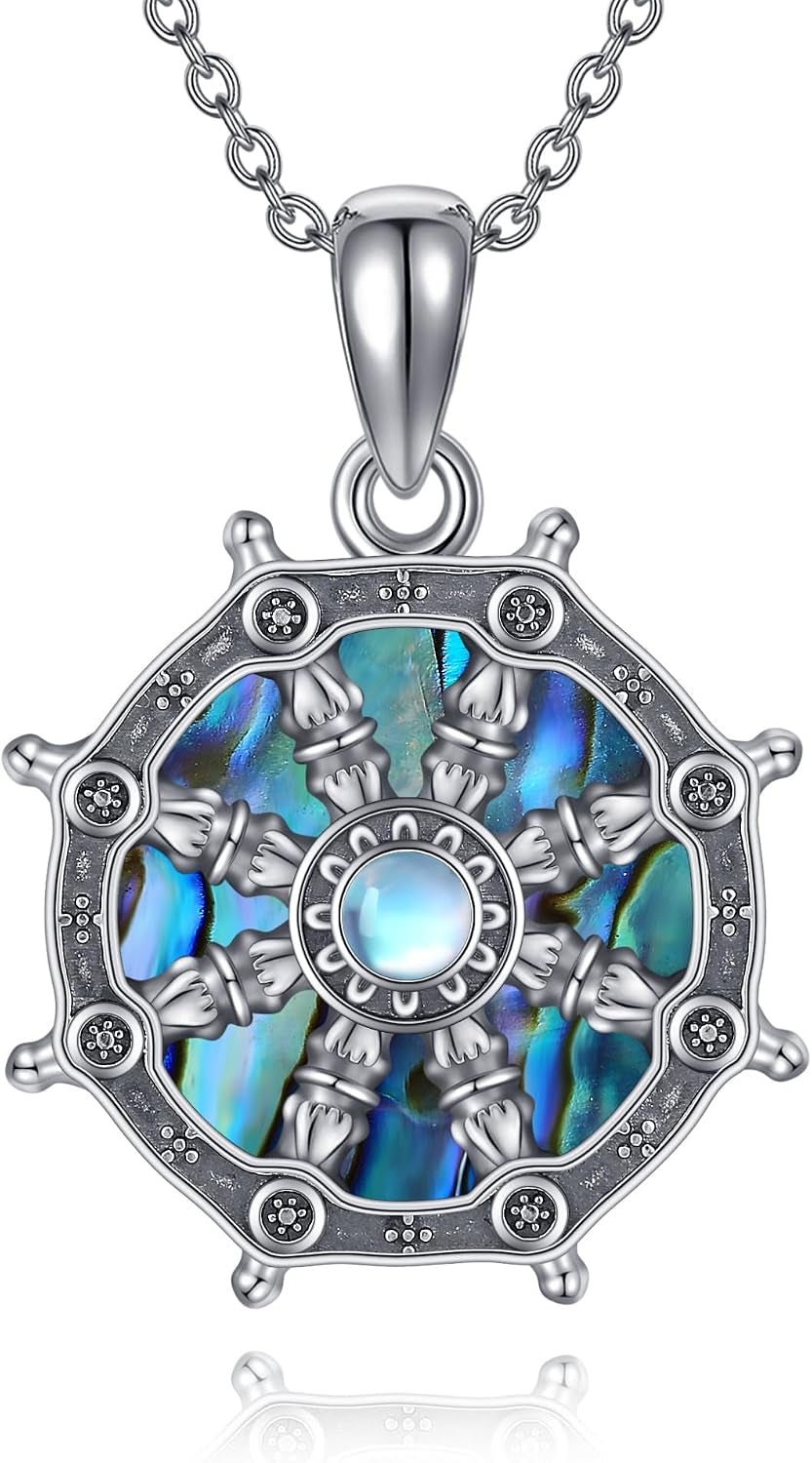 YAFEINI Buddhist Amulet Necklace with Dharma Wheel of Life and Moonstone Pendant - Elegant Talisman Jewelry for Women - thewrightstore